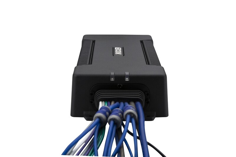 Kicker PXA10005 PXA Series Waterproof 5-Channel Amplifier, left side with wires