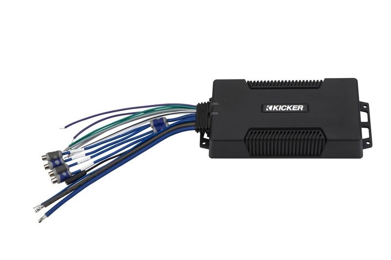 Kicker PXA4004 Waterproof 4-Channel Amplifier, left-front side with wires