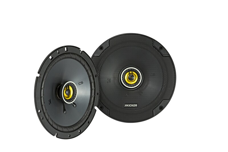 Kicker CSC674 6.75-inch coaxial speakers, pair, front, one with steel mesh grille, one without grille