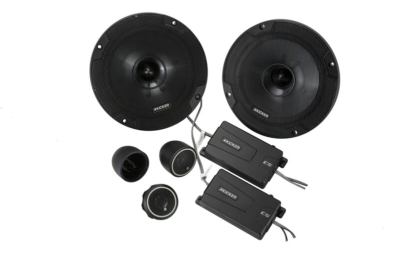 Kicker CSS654 6.5-inch component speaker system, pair, speakers, front, with grilles, 2 crossovers, and all 3 tweeter configs