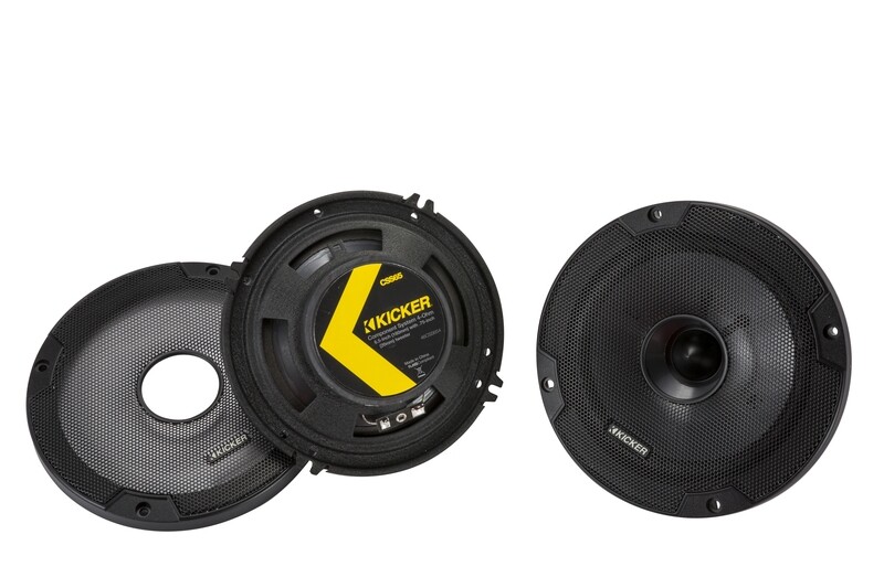 Kicker CSS654 6.5-inch component speaker system, pair, speakers -- one rear, one front without grille, and one grille shown