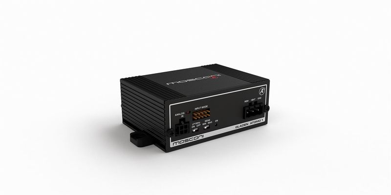 Mosconi ATOMO 1 1-Channel Amplifier, front-top and side angle