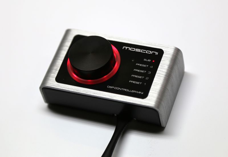 Mosconi RC-MINI Mini Remote DSP Controller, top-angle, with red leds lit 