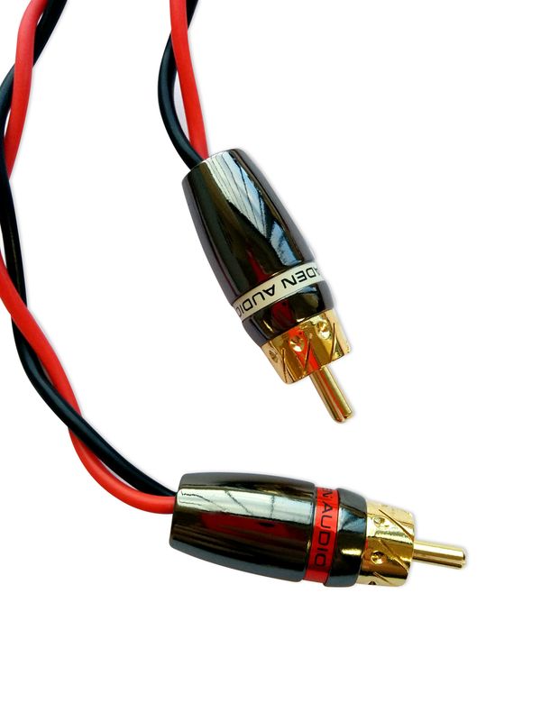 Mosconi-Gladen RCA HIGH LEVEL RCA-to-Speaker Wire, pair, speaker wire with adapter on one end, close-up of plugs