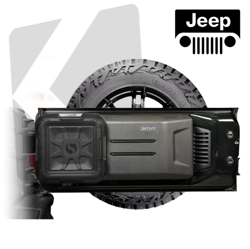Kicker KJPL7T122 L7T custom-fit 12-inch subwoofer enclosure for Jeep, mounted to back gate of Jeep,…