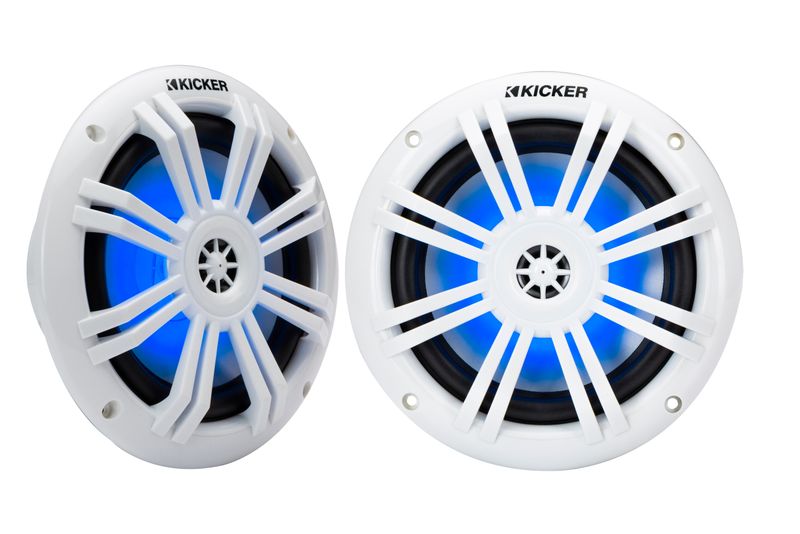 Kicker KM604WL Marine Coaxial Speakers, RGB LEDs, white, pair, front, lit blue by LED