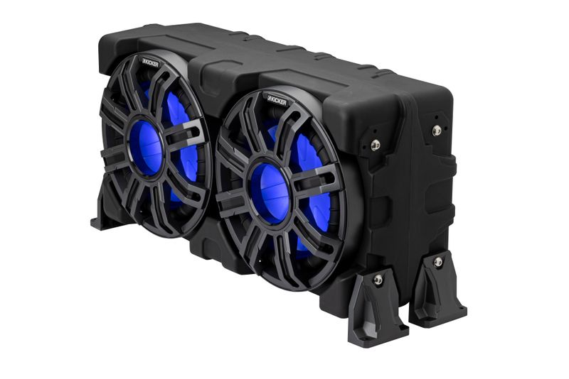 Kicker MWLE102 10-inch loaded marine subwoofer enclosure, front-angle, LEDs lit in blue