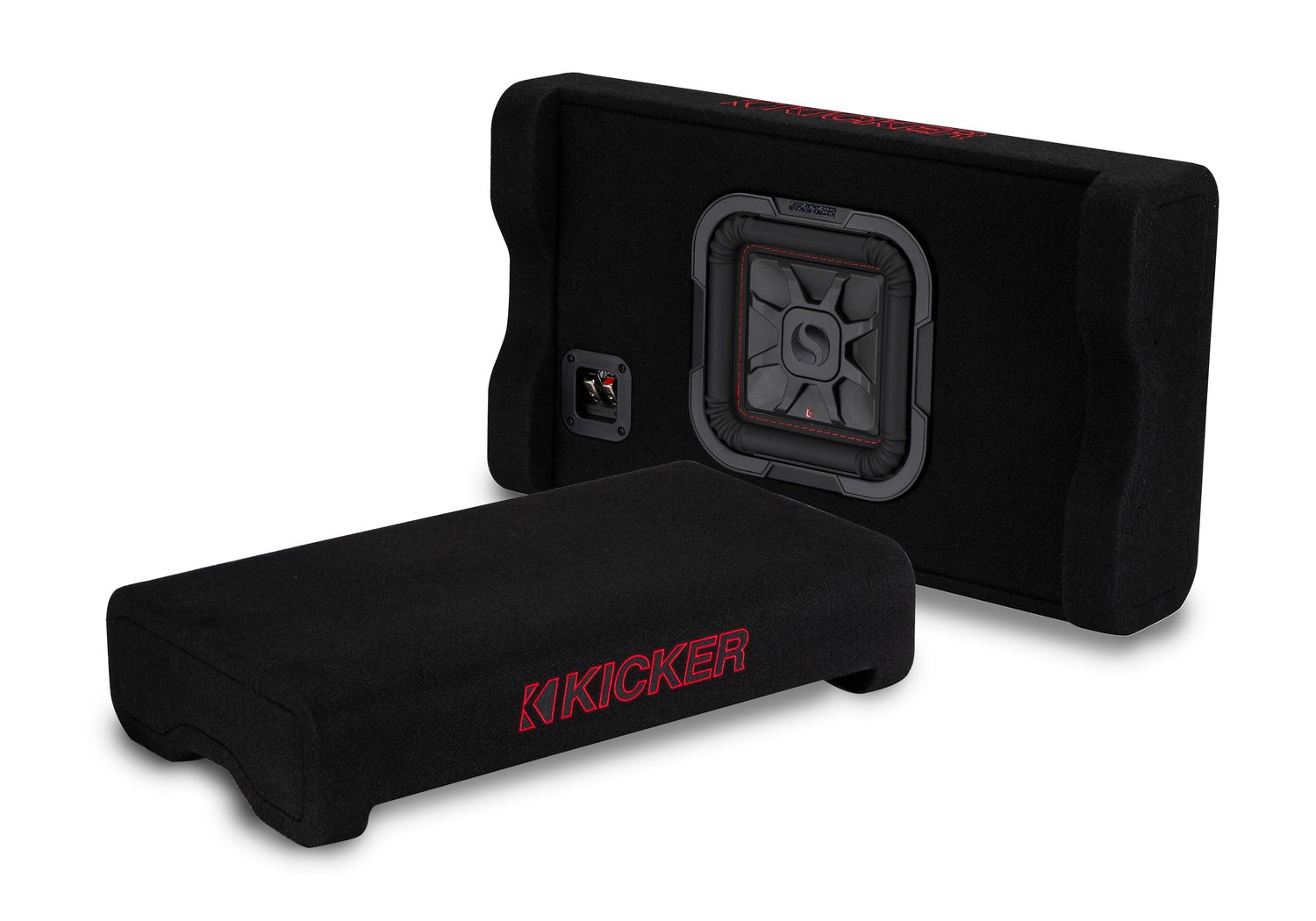 Kicker L7TDF Powered Thin Down-Firing Subwoofer Enclosure, showing 2 units: 1 rear-angle and 1 fron…