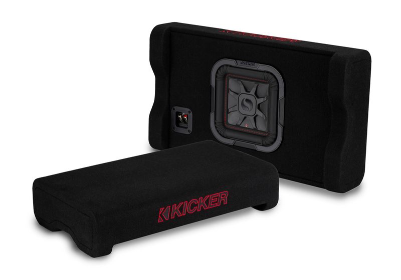 Kicker L7TDF Powered Thin Down-Firing Subwoofer Enclosure, showing 2 units: 1 rear-angle and 1 fron…