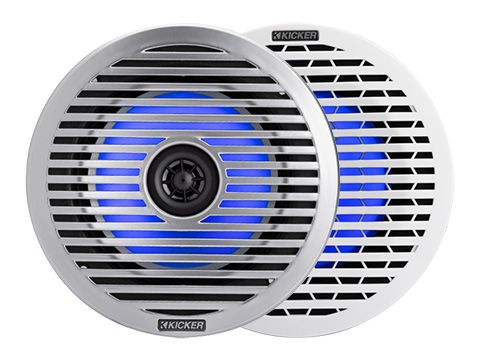 Kicker KM614FL Marine Coaxial Speakers, RGB LED lit blue, one with OE-style white grille, behind on…