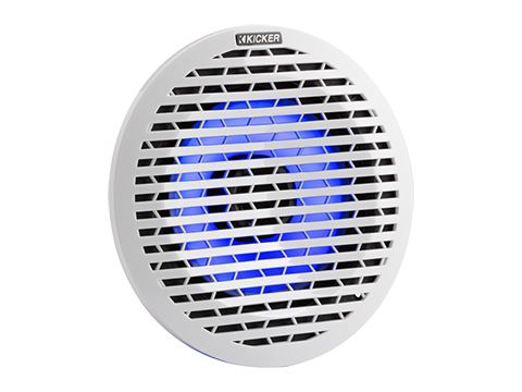 Kicker KM614FL Marine Coaxial Speaker, RGB LED lit blue, with OE-style white grille, front-angle