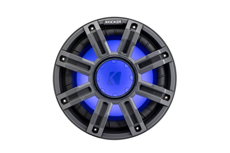 Kicker MWF104 10-Inch Premium Marine Subwoofer, charcoal grille, front, with blue led lit