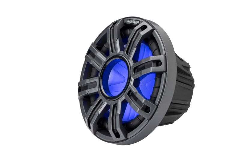 Kicker MWF104 10-Inch Premium Marine Subwoofer, charcoal grille, front-angle, with blue LED lit