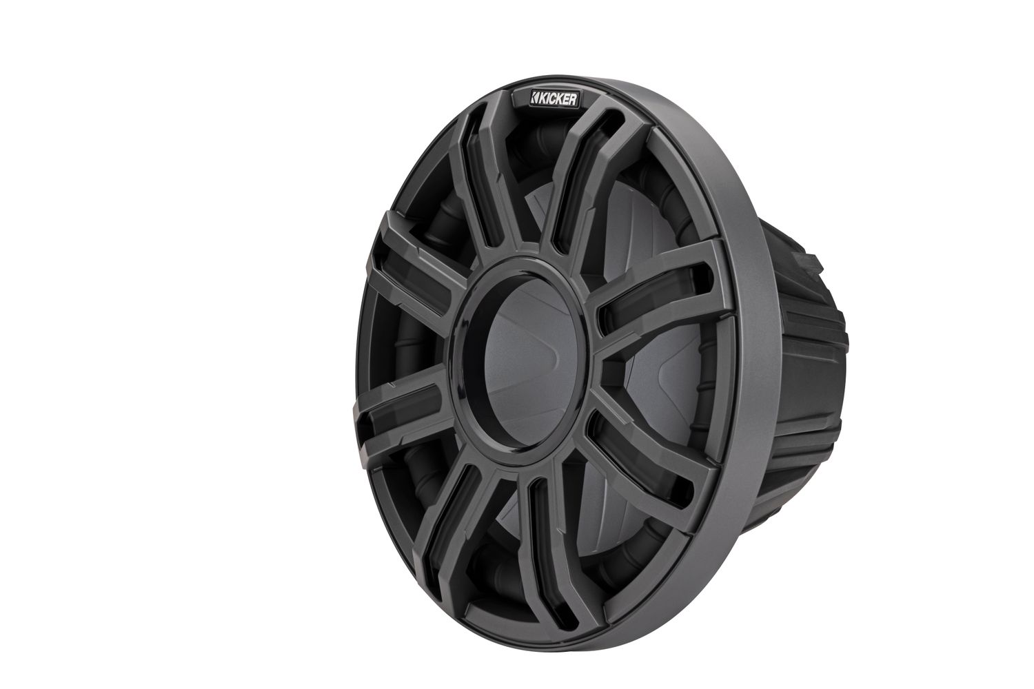 Kicker MWF124 12-Inch Marine Subwoofer, charcoal grille, front-angle, unlit