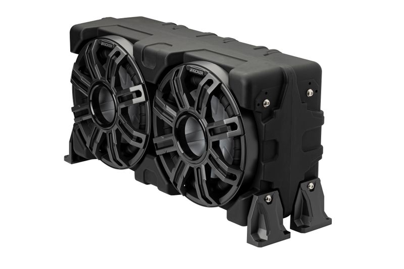 Kicker MWLE104 10-inch loaded marine subwoofer enclosure, front-angle, LEDs unlit