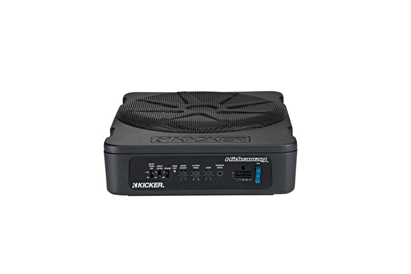 Kicker HS10 Hideaway Compact Powered Subwoofer, front-top, closeup