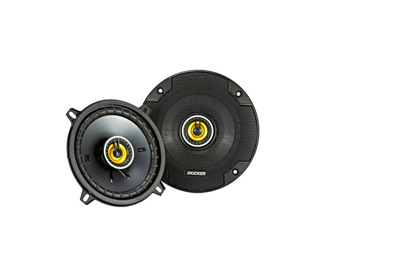 Kicker CSC54 5.25-inch coaxial speakers, pair, front, one with steel mesh grille, one without grille