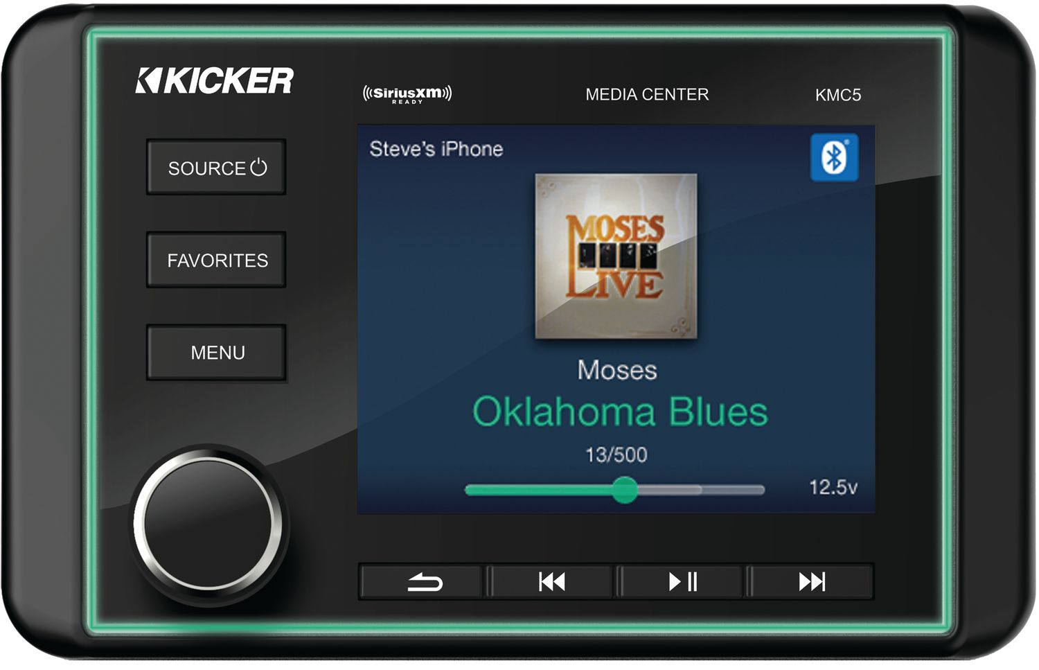 Kicker KMC5 Digital Remote Controller, front with display on, showing LED trim lit
