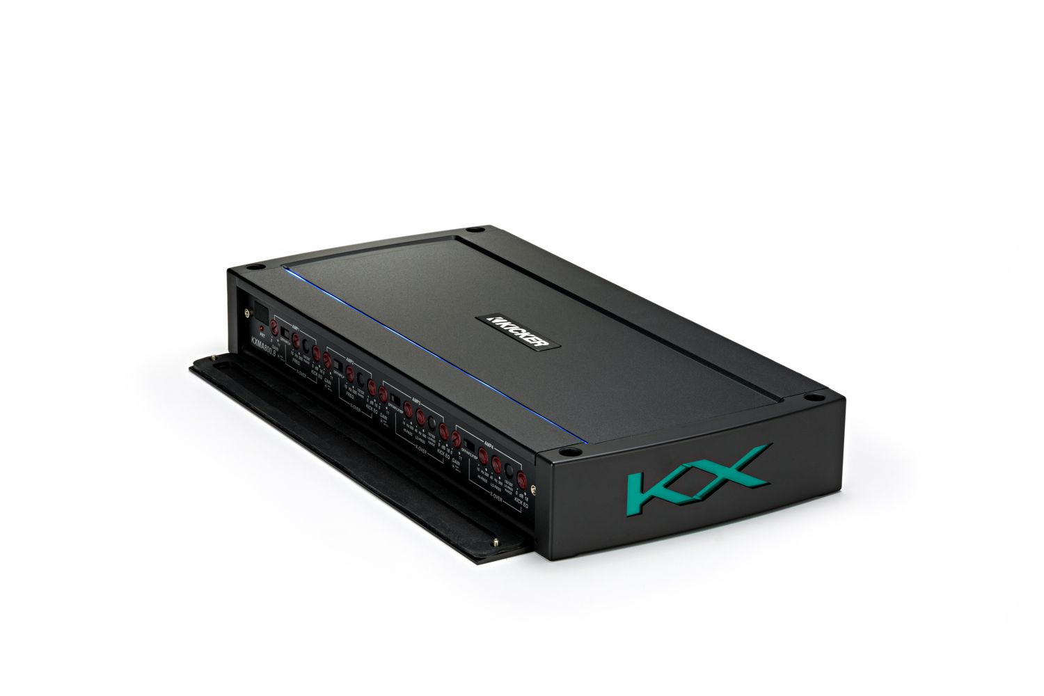 Kicker KXMA8008 Amplifier, front-top corner, with front panel open