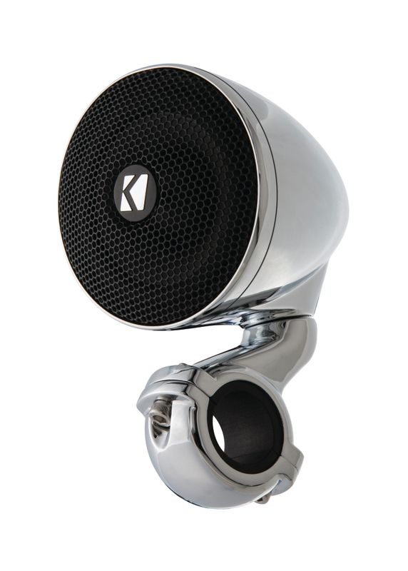 Kicker PSM32 Mini Speaker, front-side, chrome (2-Ohm, and PSM34 4-Ohm). Also available in gloss bla…