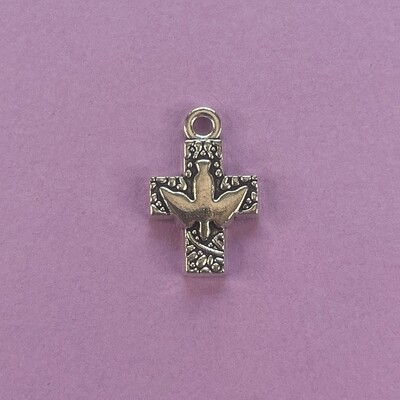Dije de Metal Plateado Cruz Labrada con Animal Palomita Lisa 24 x 16 x 3 mm