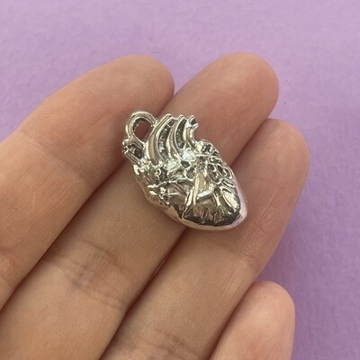 Dije de Metal Plateado Corazón Anatómico Labrado 25 x 16 x 4 mm