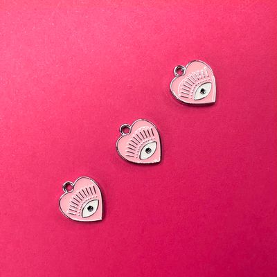 Dije de Metal Plateado Esmaltado Corazón Ojo Turco Rosa 14 x 13 x1.5 mm