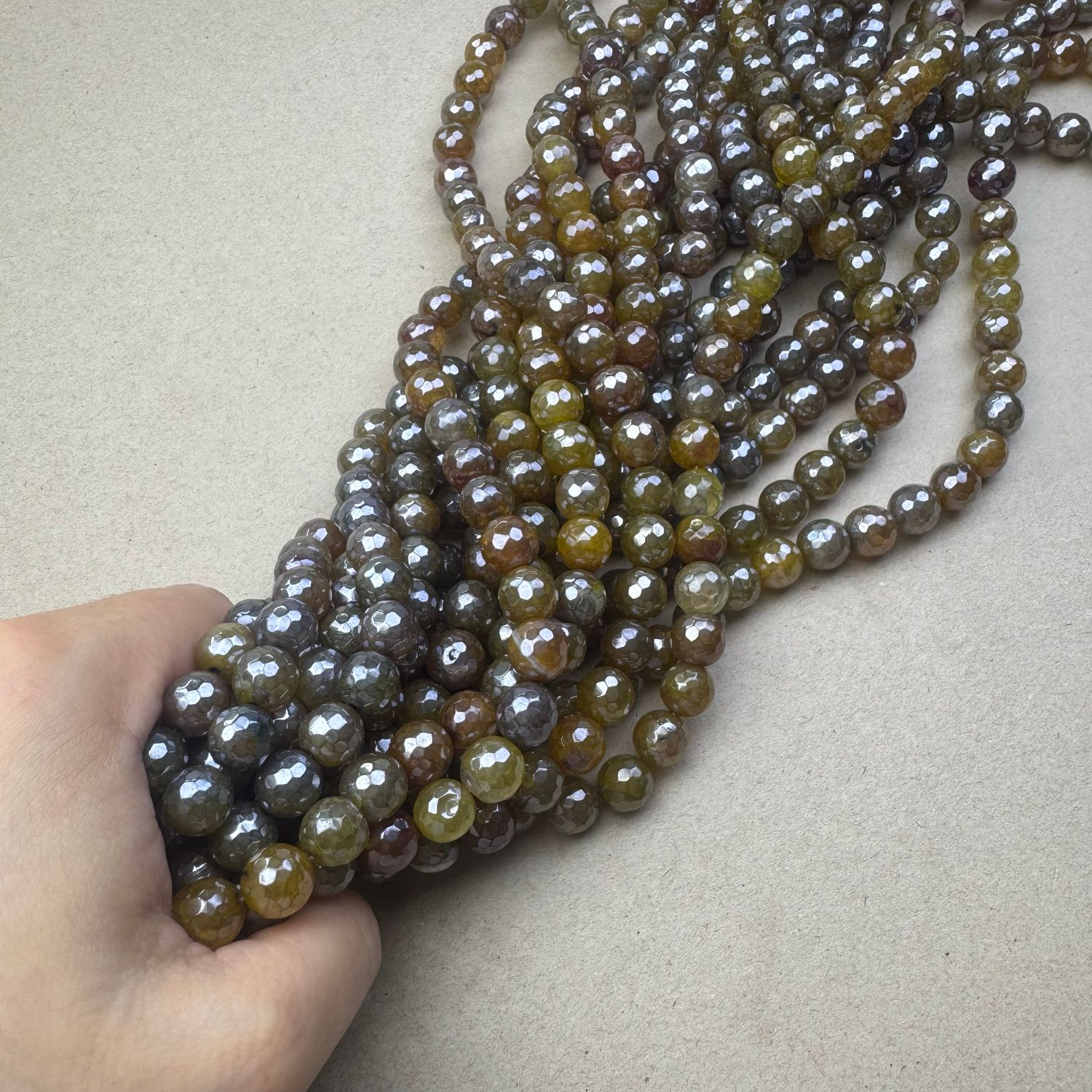 Piedra Natural Agata Redonda Facetada Lustre 10 mm Marrón y Oliva