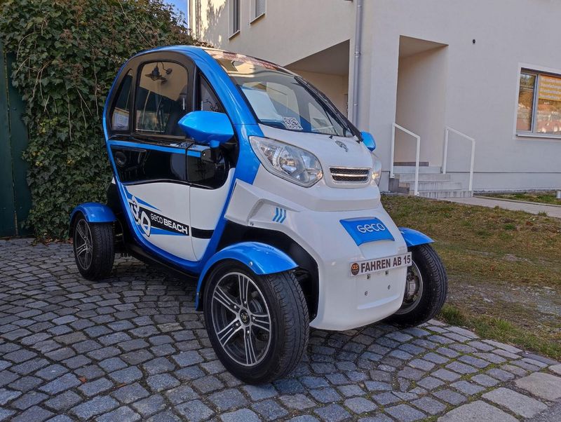 Elektromobil GECO BEACH gebraucht 45 km/h, Neue Akkus | Mopedauto, Kabinenroller, Microcar, Anaig, Alternative zu Aixam Twizy Ligier