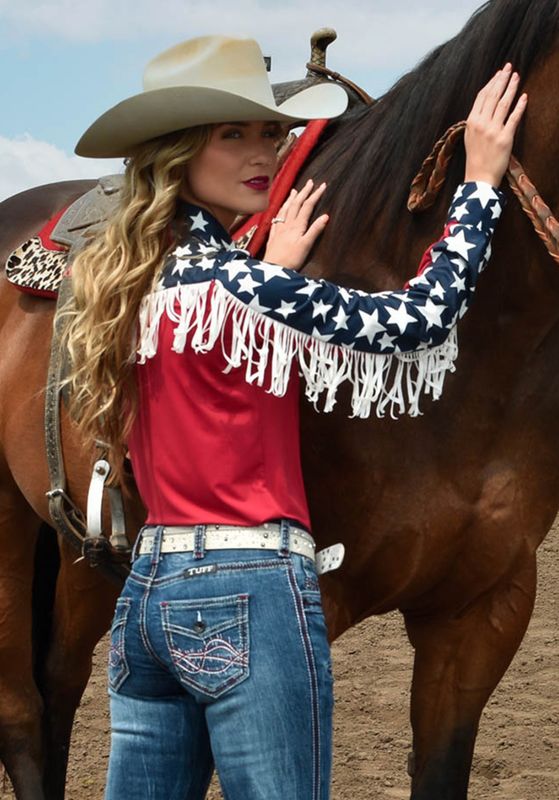 Cowgirl Tuff Pullover Button Up Lightweight Patriotic with Stars and Fringe Cowgirl Tuff Pullover Button Up Lightweight Patriotic with Stars and Fringe