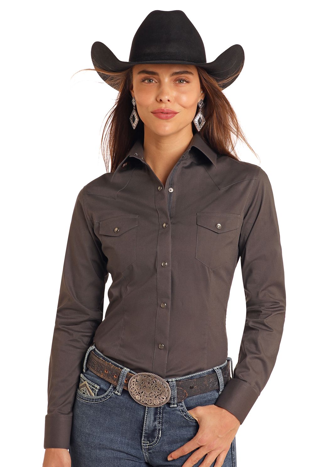 Rock & Roll Women's Long Sleeve Shirt Dark Grey PWN2S05431, Womens Shirts: XS