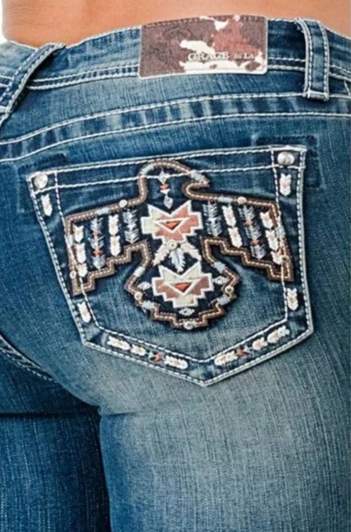 Grace in LA Women's Aztec Eagle Embroidered Stonewashed Bootcut Stretch JeansGrace in LA Women's Aztec Eagle Embroidered Stonewashed Bootcut Stretch Jeans EBS678, Trousers: 27x32