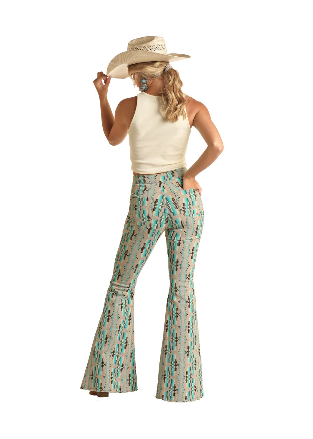 Rock & Roll Denim Turquoise Aztec Bell Bottom RRWD7PR1AT, Trousers: 25x30
