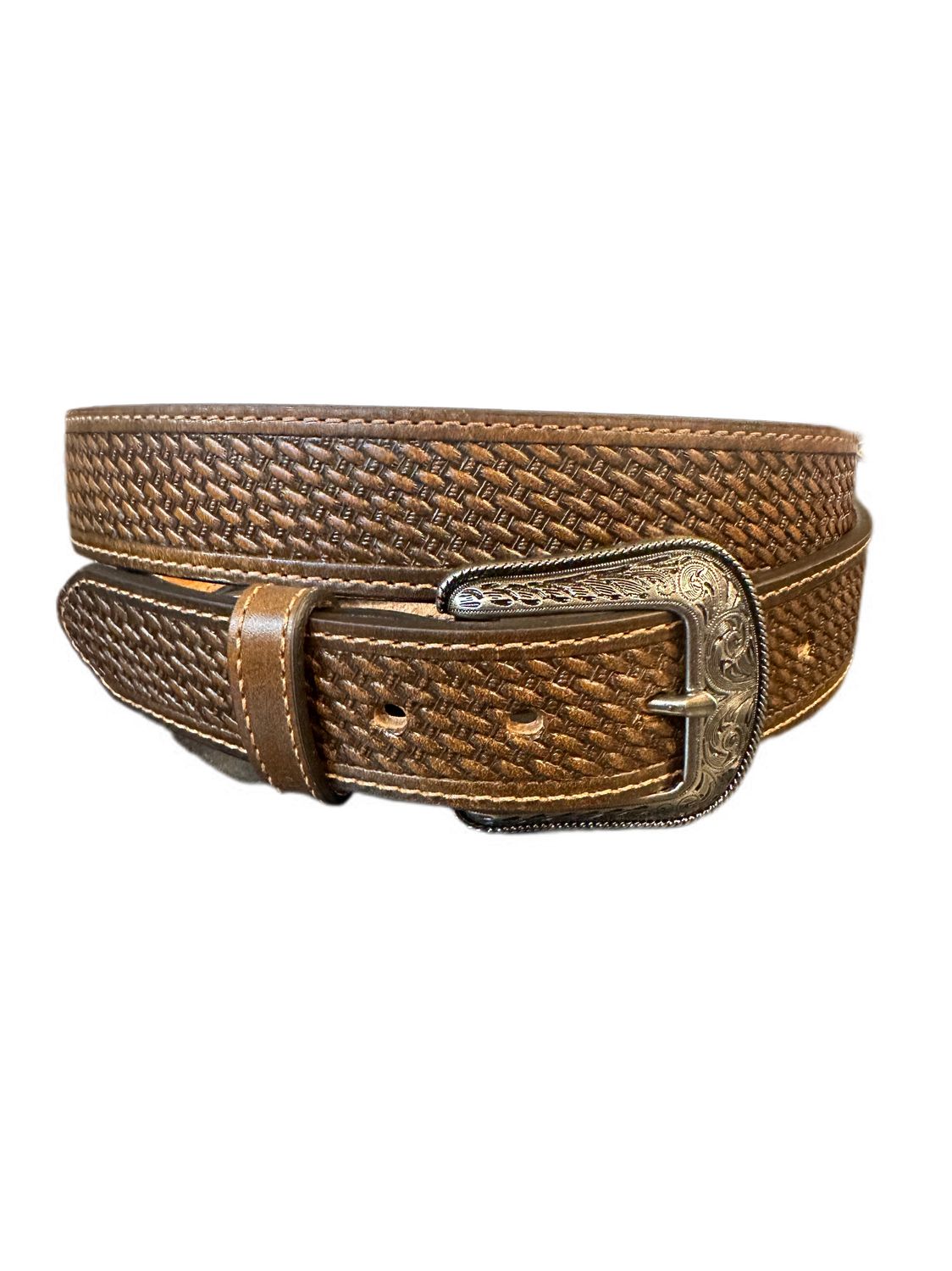 Heritage Dark Brown Basketweave Stitched Belt 2242, Belts - Men: 30