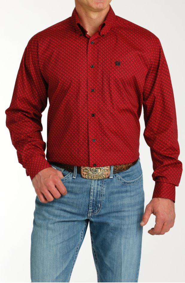 Cinch Red Pattern Button-down Shirt MTW1105771, XS-5X: XS