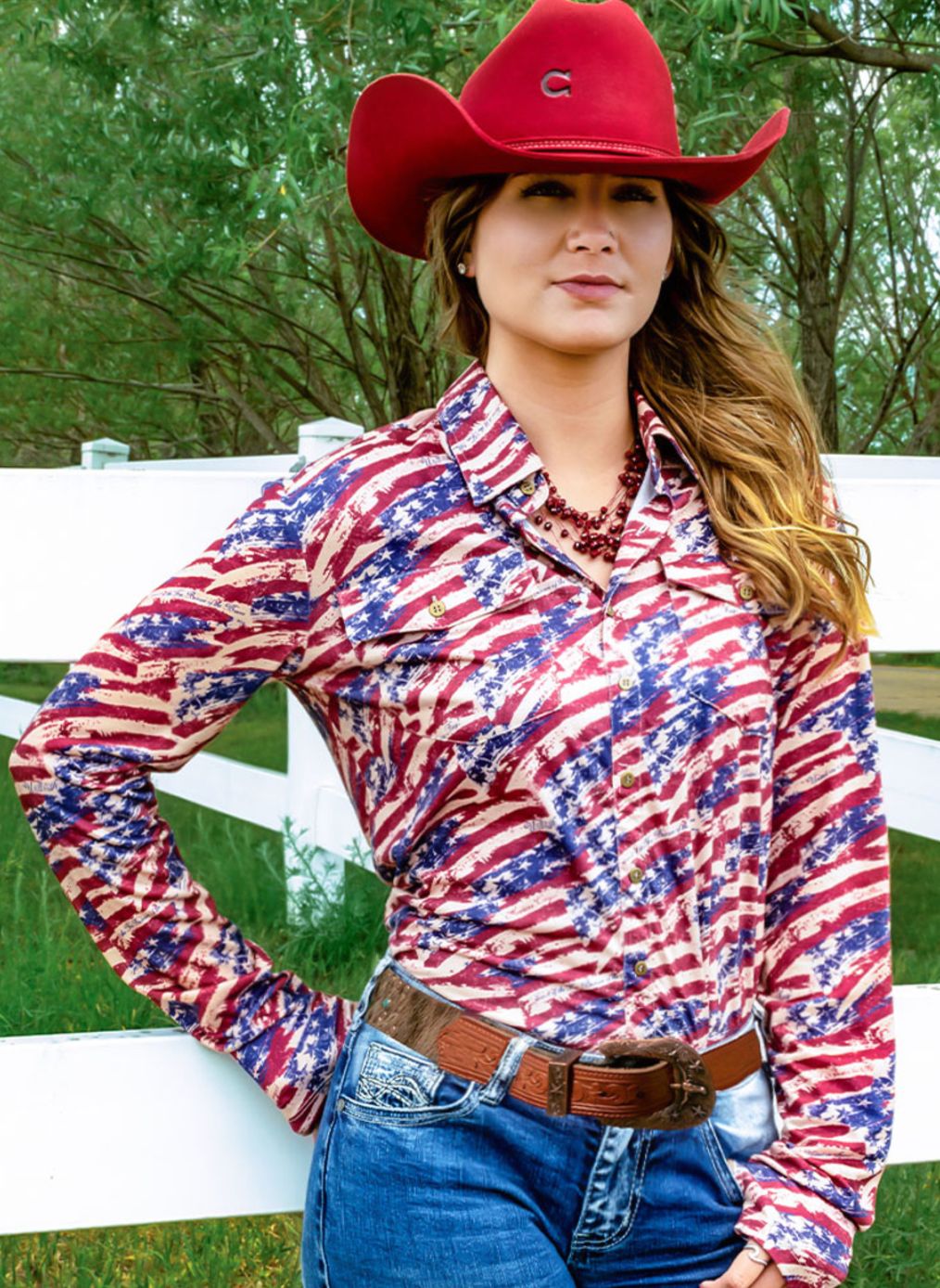 Cowgirl Tuff Pullover Button Up Lightweight Flag Print Jersey Cowgirl Tuff Pullover Button Up Lightweight Flag Print Jersey, Womens Shirts: XS