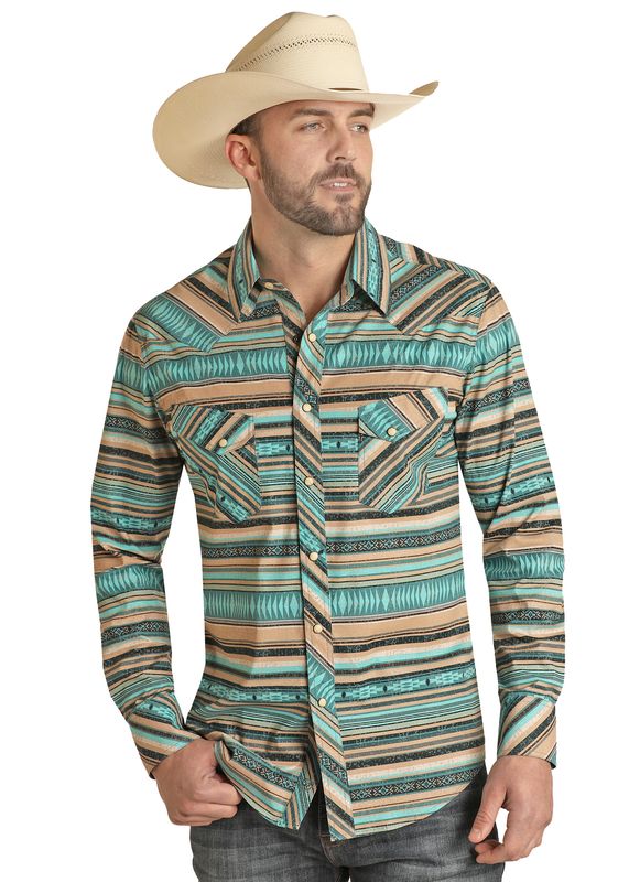 Rock & Roll Mens Aztec Striped Snap Teal RRMSOSR0PZ