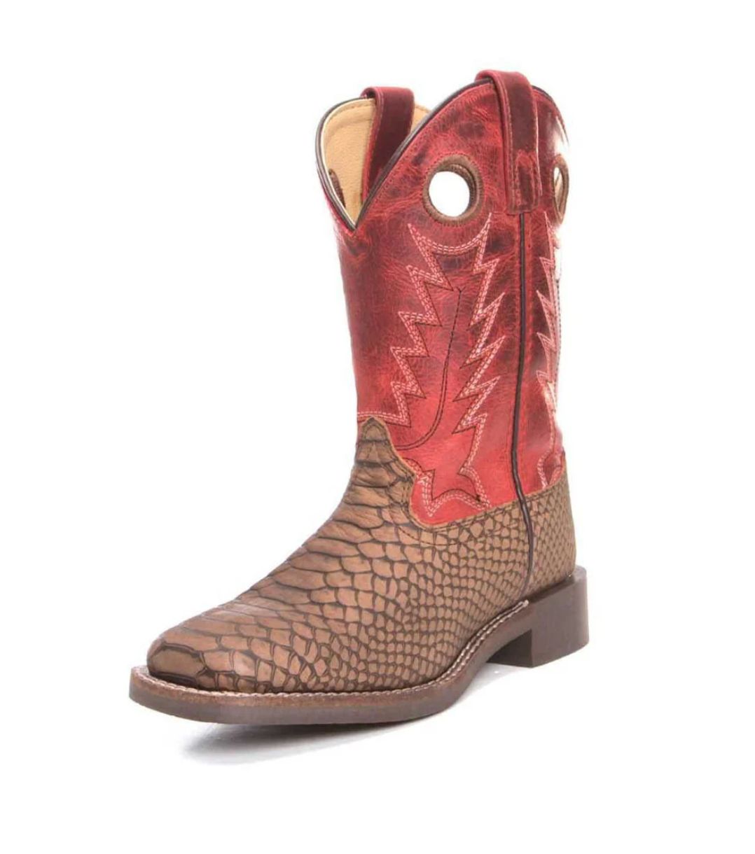 Smoky Brown Viper and Red Square Toe Boots 3072, Boots - Kids: 8.5 C
