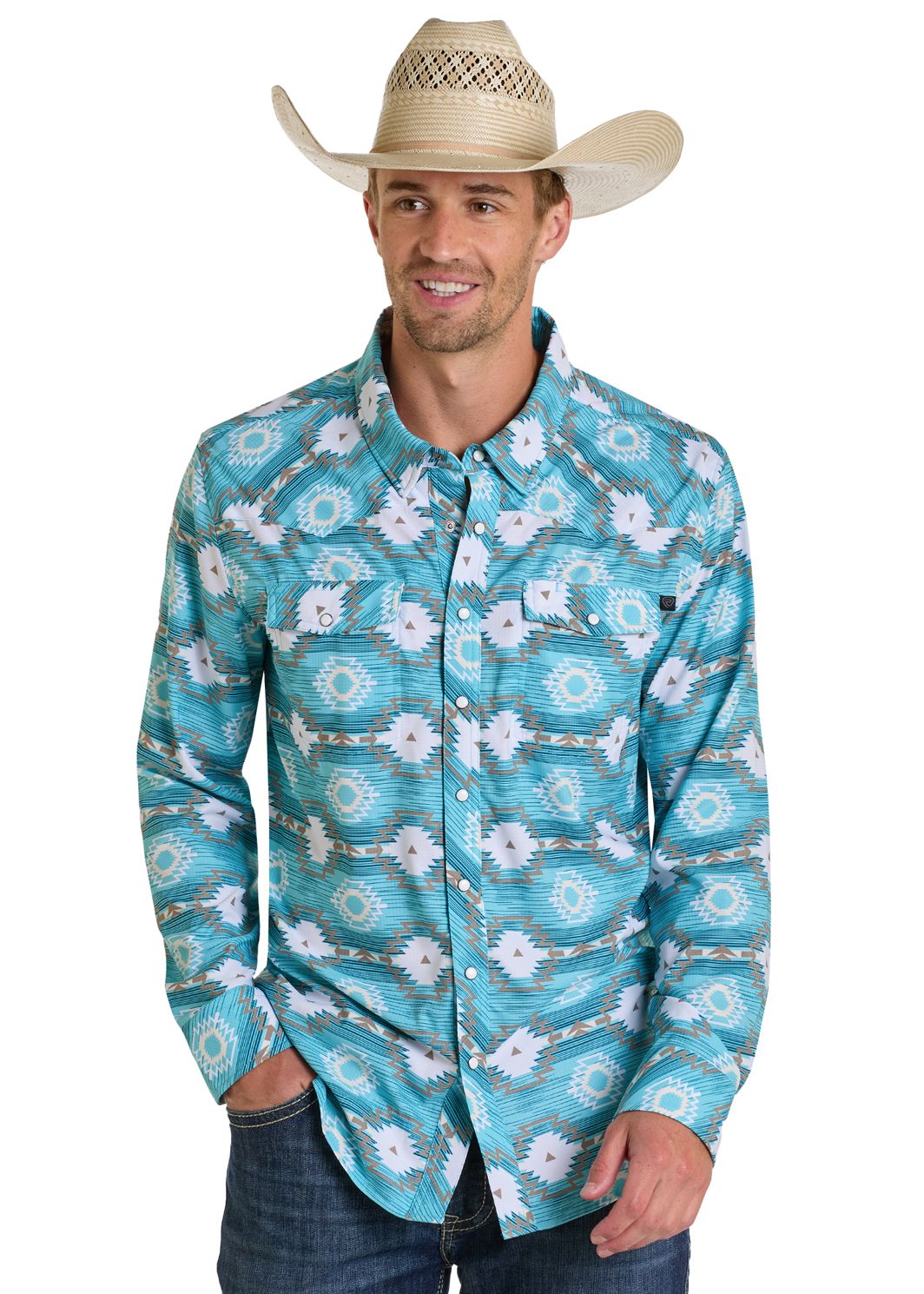 Rock & Roll Aztec Print Tek Long Sleeve Snap BMN2S06433, XS-5X: S