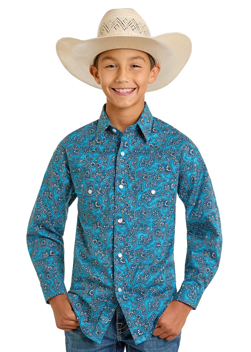 Rock & Roll Paisley Long Sleeve Turquoise Shirt BBN2S06486, Kids Shirts: X Small
