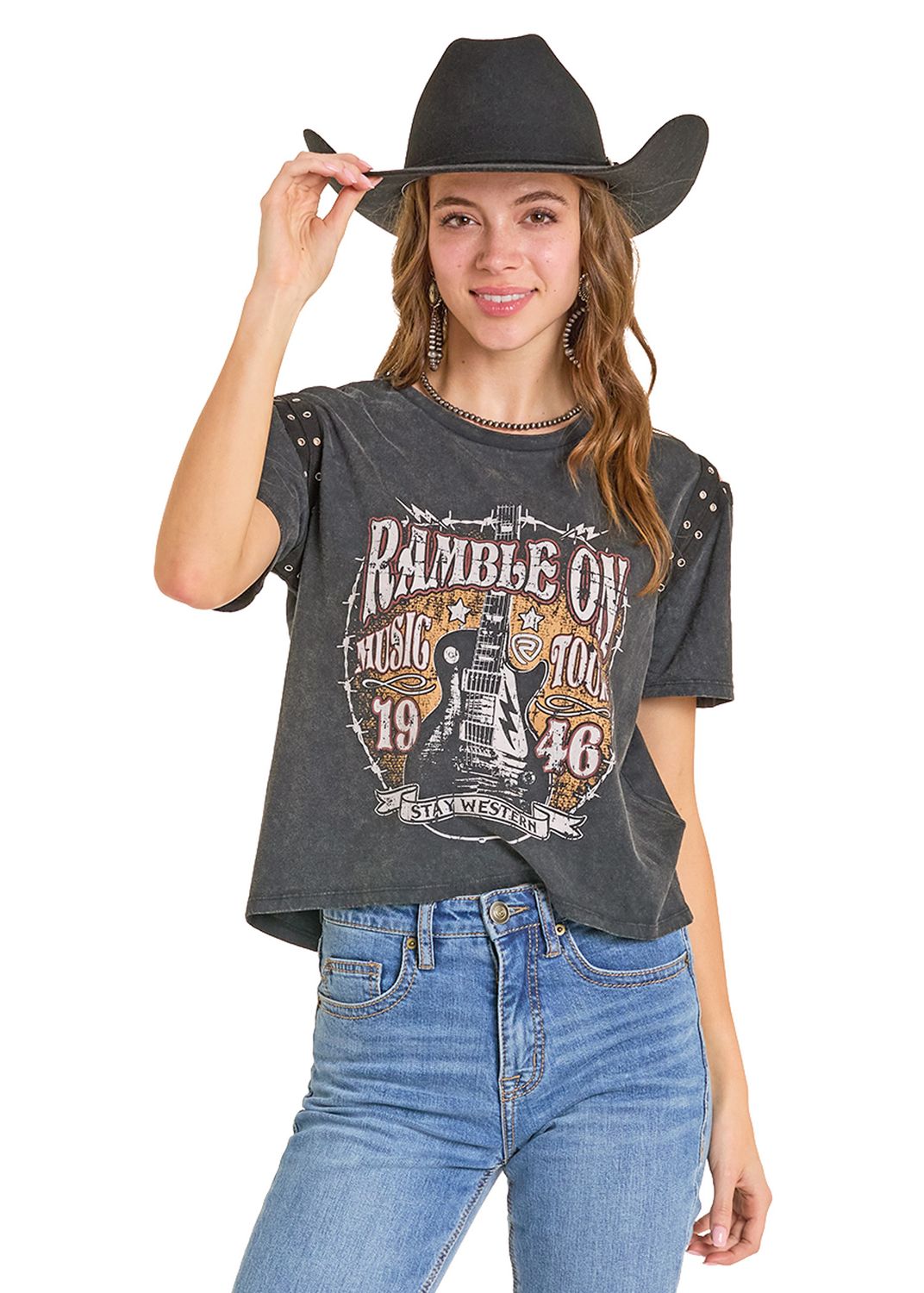 Rock & Roll Grommet Sleeve Graphic Tee BW21T07340, Womens Shirts: XS