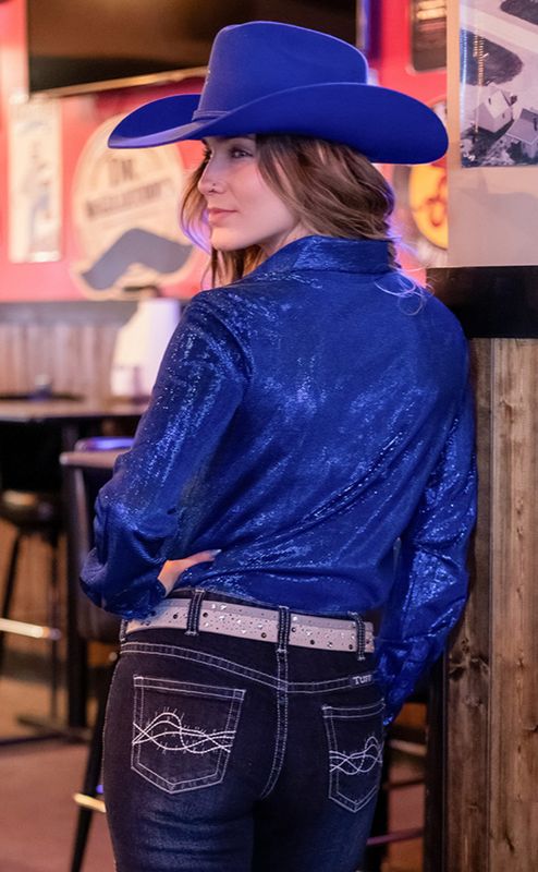 Cowgirl Tuff Button Up Blue Metallic Shimmer Stretch Jersey