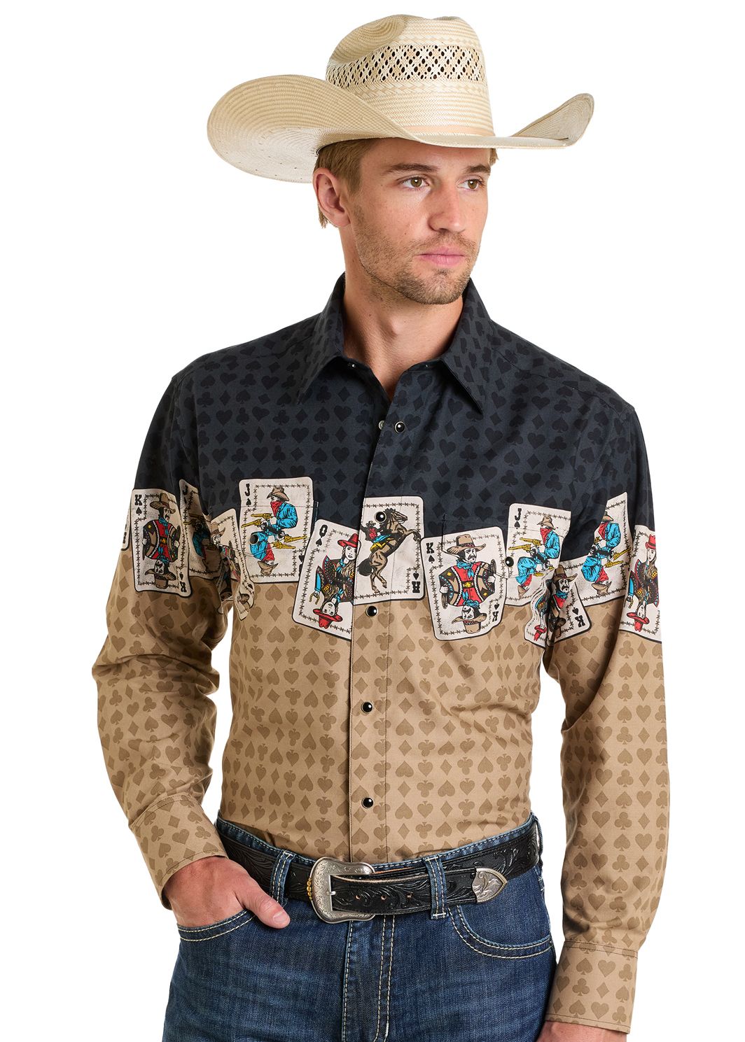 Rock & Roll Gambler Border Long Sleeve Snap SMN2S06639, XS-5X: XS
