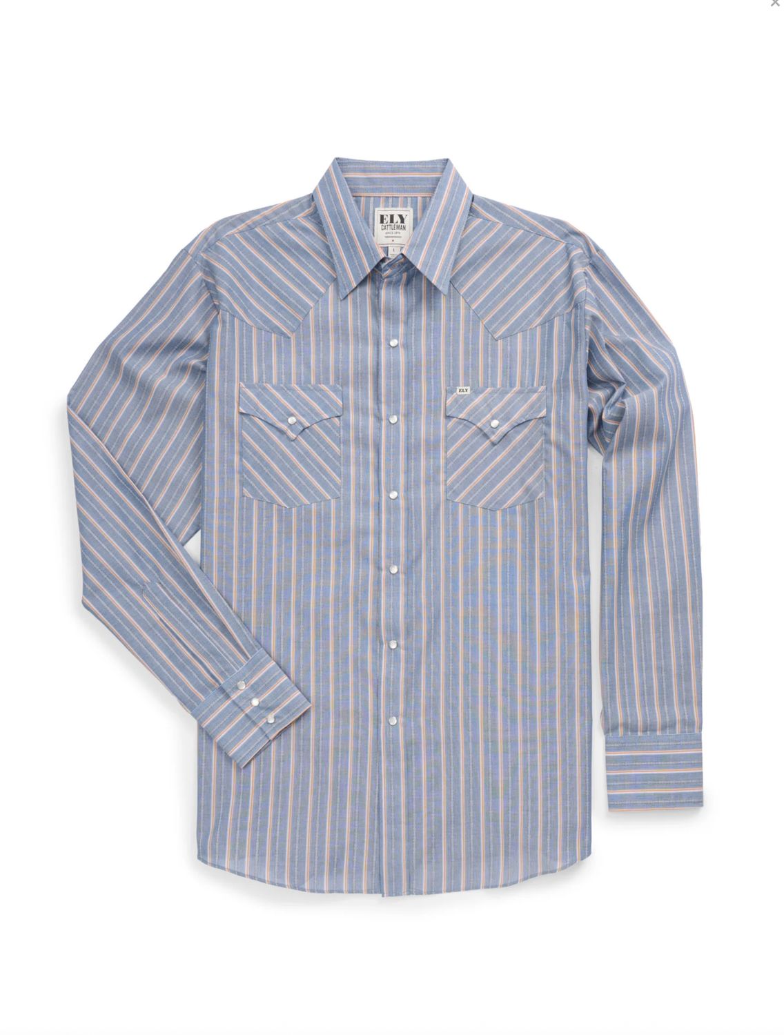 Ely Cattleman Long Sleeve Textured Stripe Western Snap Shirt-Blue, XS-5X: Medium