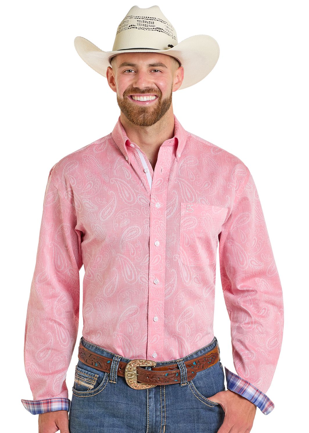 Rock & Roll Long Sleeve Pink/White Paisley Shirt RMB2S06527, XS-5X: XS