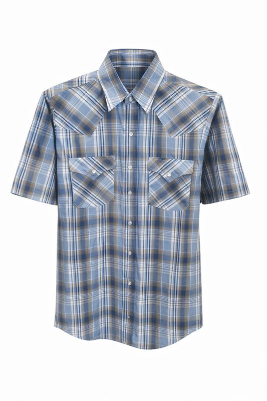Ely Cattleman Short Sleeve Stone Blue Plaid Western Snap Shirt