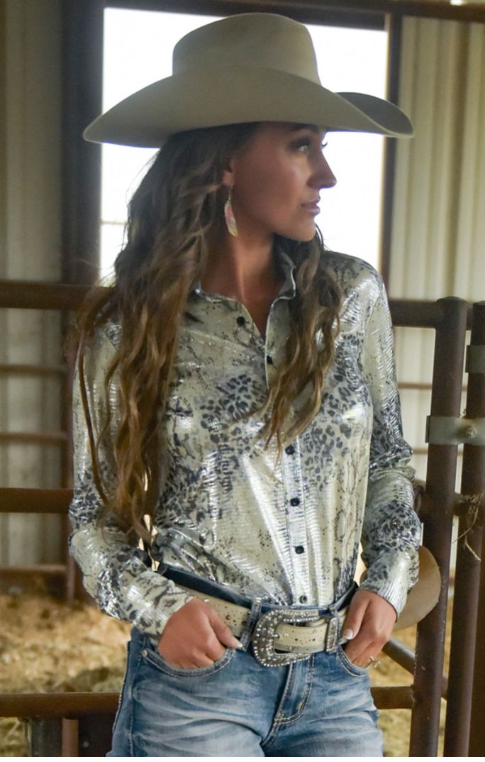 Cowgirl Tuff Pullover Button Up  Mint Foil Lightweight Animal Print Stretch Jersey, Womens Shirts: XS