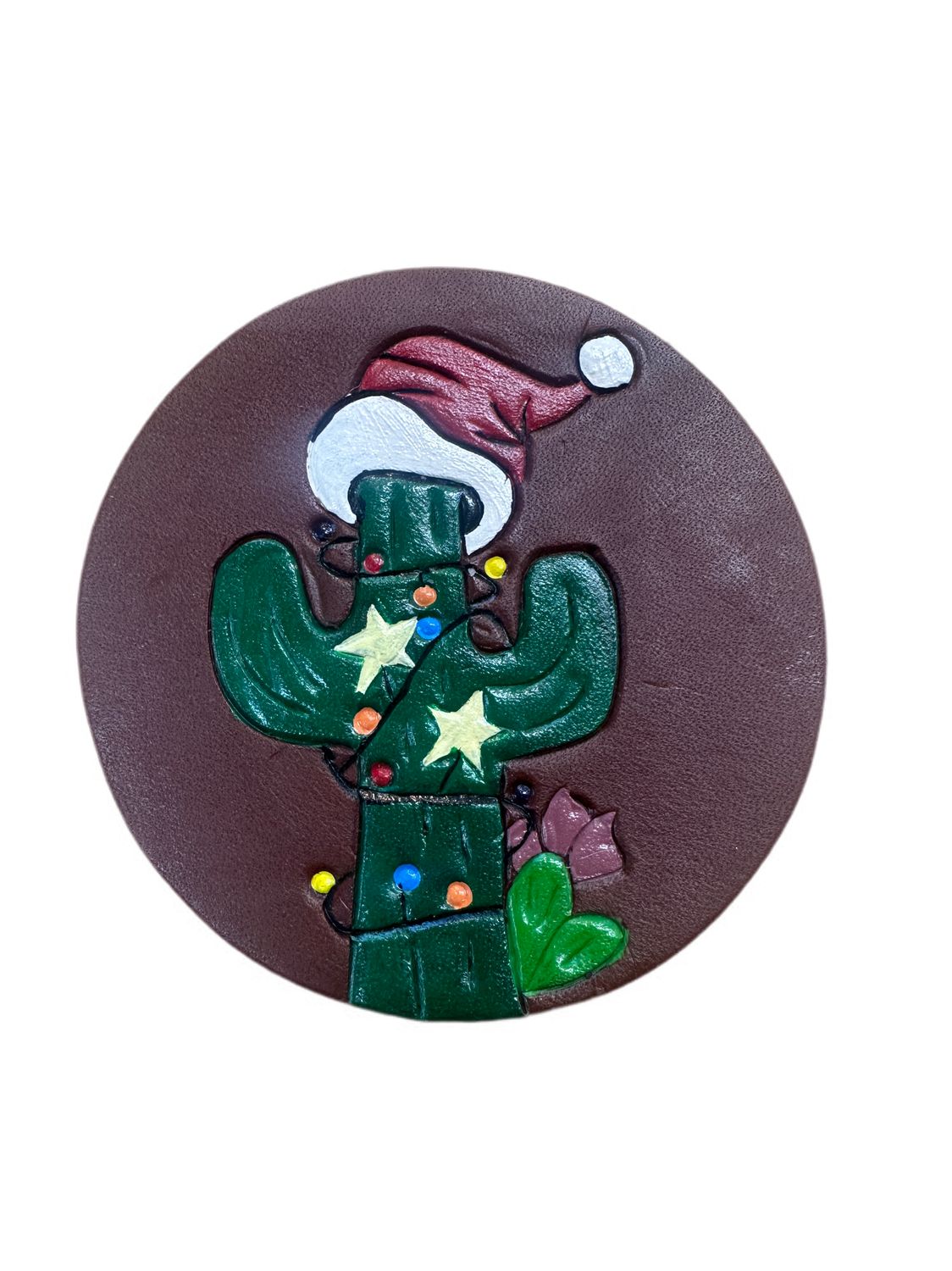 Wyoming Saddle Company Leather Coaster W/Christmas Cactus