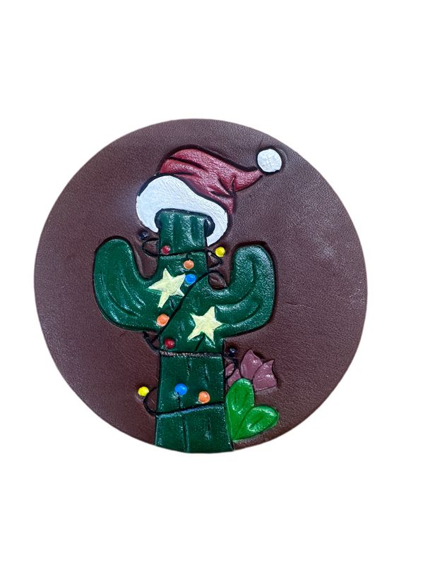 Wyoming Saddle Company Leather Coaster W/Christmas Cactus