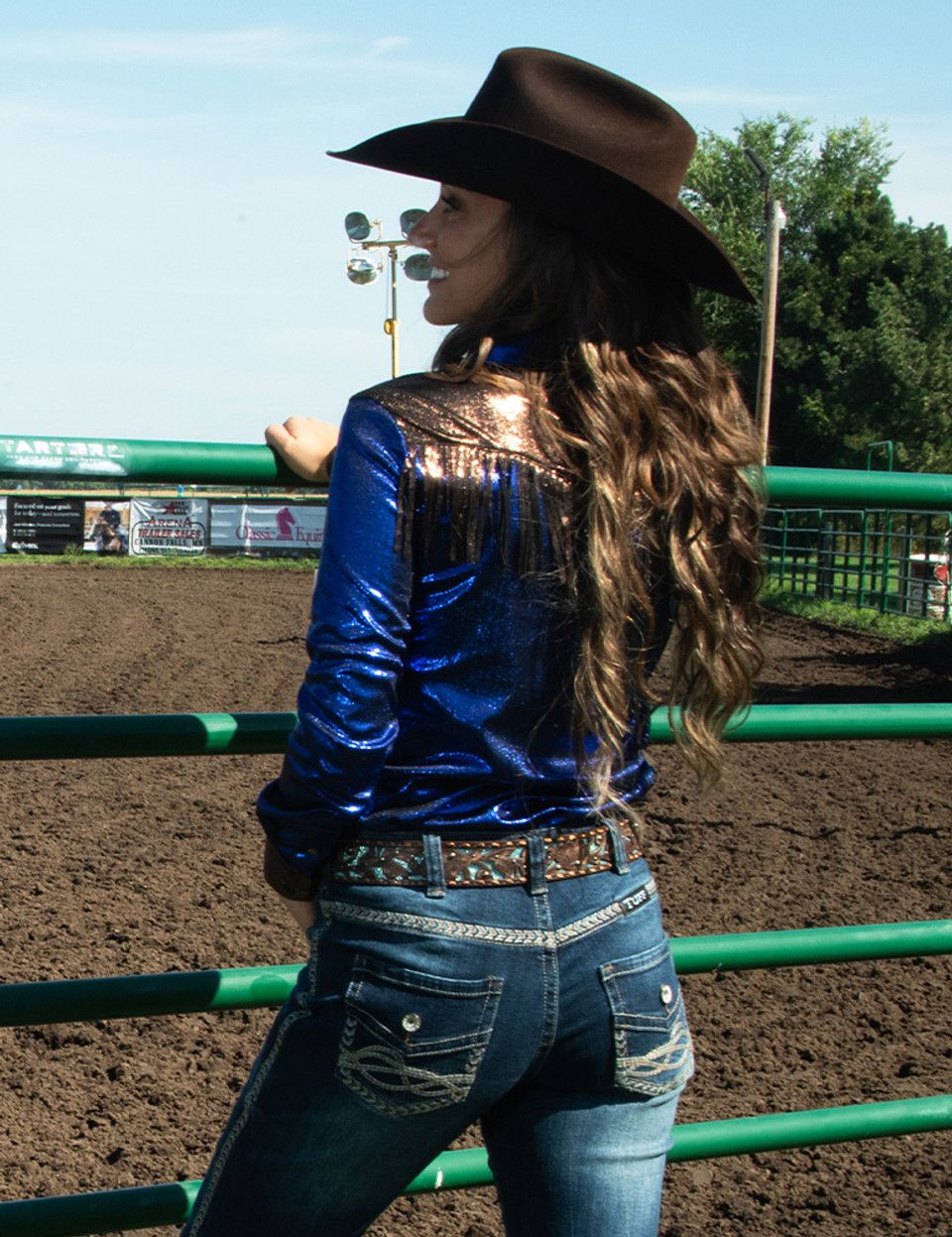 Cowgirl Tuff Pullover Button Up Blue And Copper Lightweight Metallic Jersey With Western Detailing Cowgirl Tuff Pullover Button Up Blue And Copper Lightweight Metallic Jersey With Western Detailing, Womens Shirts: XS